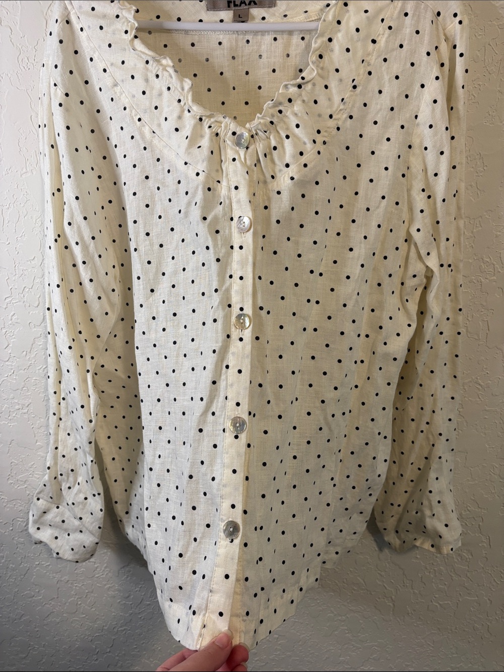 Flax Linen Cream Button-Front Polka Dot Ruffle Neck Blouse - Picture 7 of 8